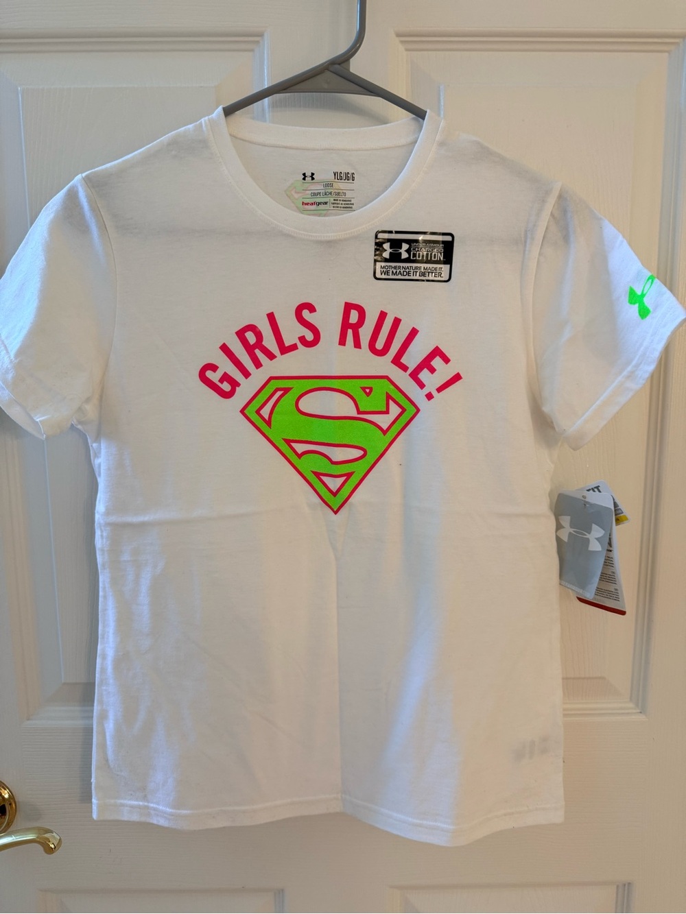 Under Armour White Tee with Neon Pink & Neon Green Supergirl / Superman Graphic